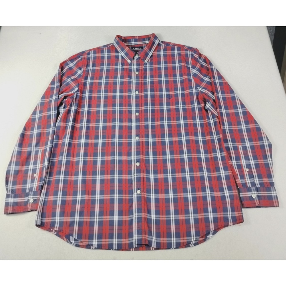 Chaps Shirt Mens 2XL Blue Red Plaid Long Sleeve Easy Care Button‎ Down Casual